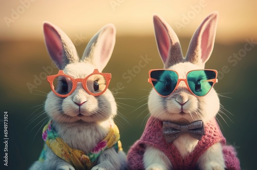 Bunnies in quirky costumes. Fluffy rabbit animals wearing colorful sunglasses. Generate ai photo