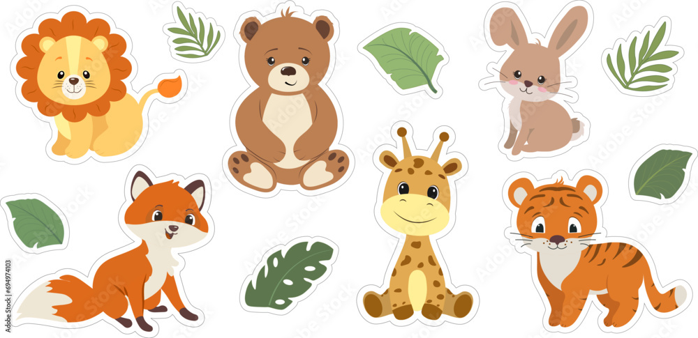 Set of stickers with wild animals. Cute giraffe, bear, lion, fox, hare, tiger. Wild nature and the African savannah. Wild animals isolated on white background. Cartoon style. Vector