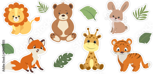Set of stickers with wild animals. Cute giraffe, bear, lion, fox, hare, tiger. Wild nature and the African savannah. Wild animals isolated on white background. Cartoon style. Vector