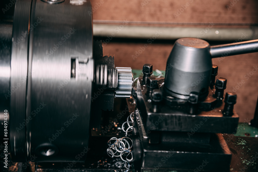 Fototapeta premium Metal processing technology on a vintage metal cutting machine