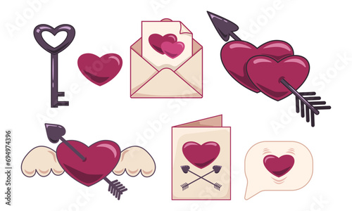 Set of love icons with angel wings and hearts. Illustration for Valentine's day. Vector flat cartoon design of graphic element. App vector icon.