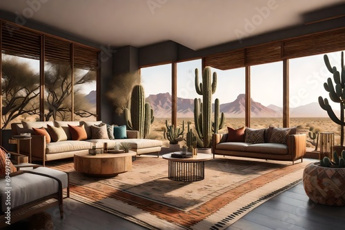 Inspired by desert landscapes  this lounge features earthy tones  cacti  and Southwestern-inspired textiles. It s a serene escape reminiscent of the American Southwest.