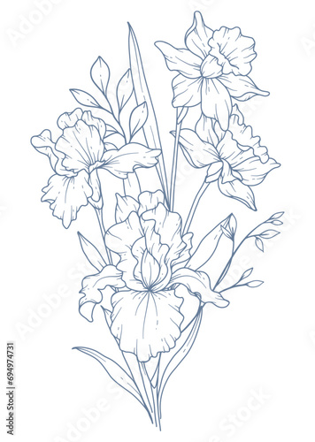 Fototapeta Naklejka Na Ścianę i Meble -  Wildflowers Line Drawing. Black and white Floral Bouquets. Flower Coloring Page. Floral Line Art. Fine Line Wildflowers illustration. Hand Drawn flowers. Botanical Coloring. Wedding invitation flowers