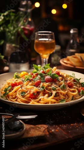 Tasty Italian pasta with tomatoes served on the table in restaurant.