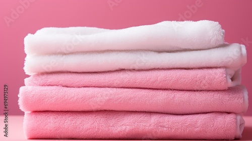 Fluffy white towels lie against a bright, bubblegum pink surface.