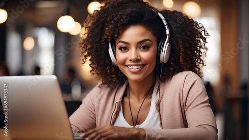 A cheerful, beautiful African American woman wearing headphones, next to a laptop screen