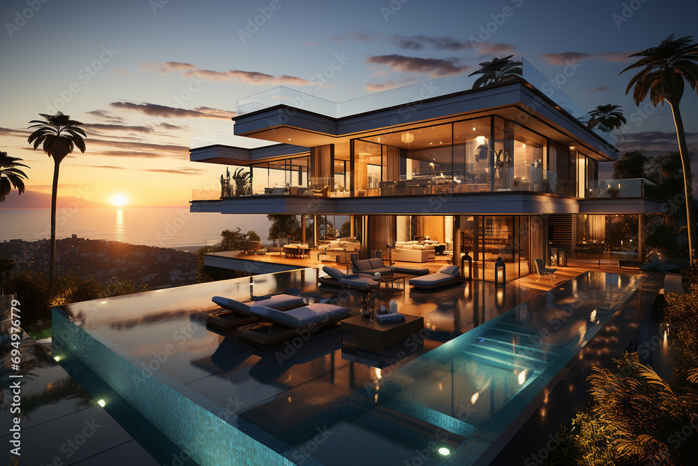 luxury modern two-story villa with a swimming pool and sun loungers on the ocean at sunset