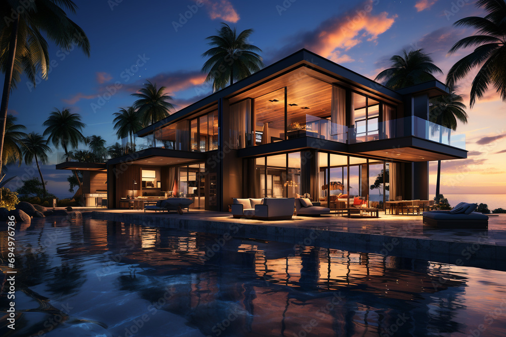 luxury modern two-story villa with a swimming pool and sun loungers on the ocean at sunset