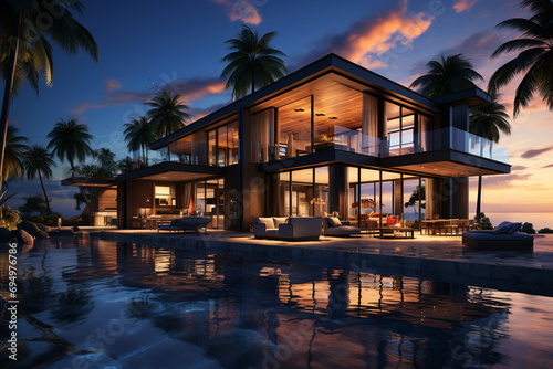 luxury modern two-story villa with a swimming pool and sun loungers on the ocean at sunset