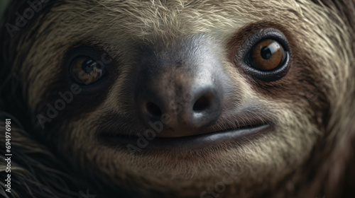 shot of the serene and gentle eyes of a slow-moving three-toed sloth © Possibility Pages