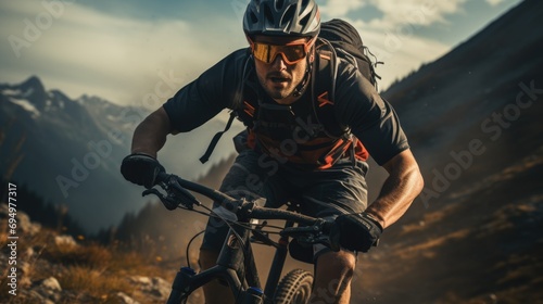 Adventurous ascent: A mountain biker conquers the heights, blending adrenaline, nature, and skill in an exhilarating alpine journey