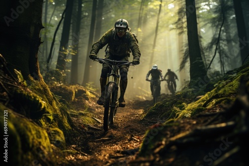 Forest adventure  A group of mountain bikers rides through nature  uniting camaraderie  skill  and the thrill of off-road exploration