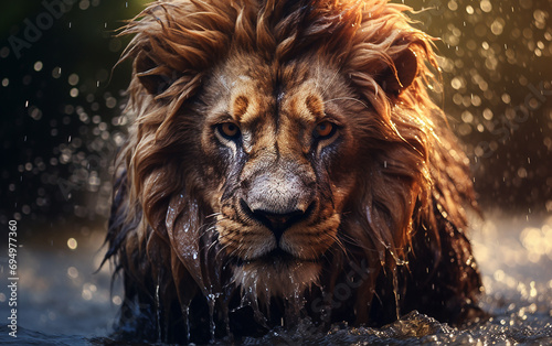 leão majestoso molhado  photo
