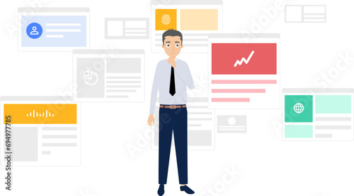 Business finance cartoon man is choosing internet financial products