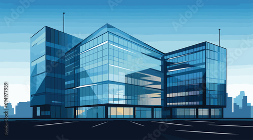 Business Vector Office Building a contemporary office building with glass facades, skyscraper design, and cityscape backdrop. corporate grays, office blues