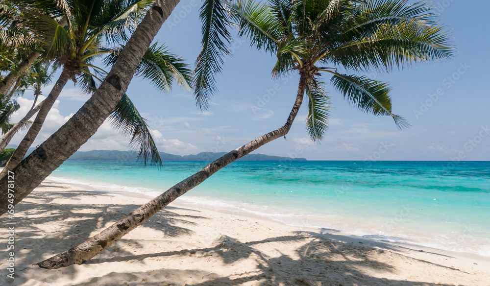 Sandy tropical beach with palm trees and blue sea against the sky. Summer and travel vacation concept. Boracay, Philippines