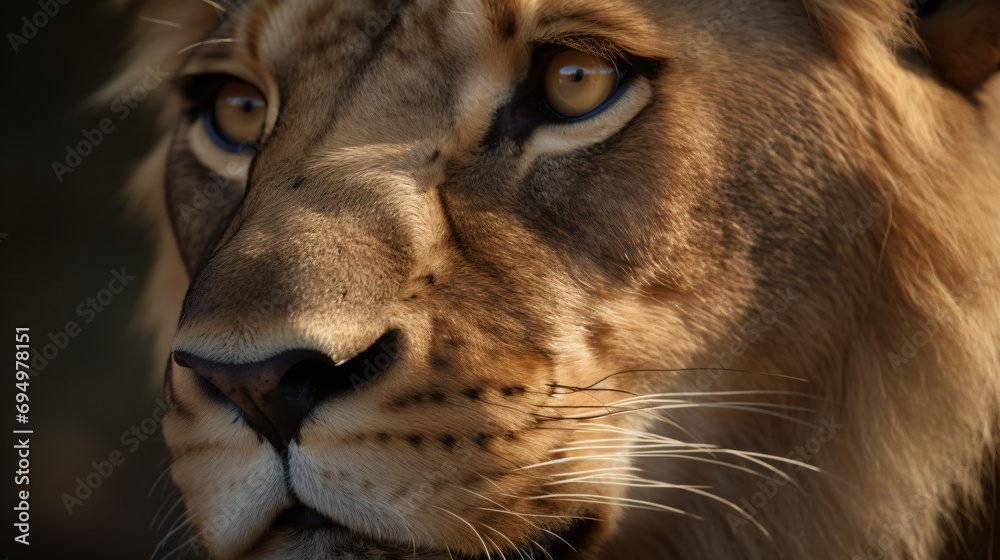 Hyperrealistic close-up photo capturing the focused eyes of a powerful lion