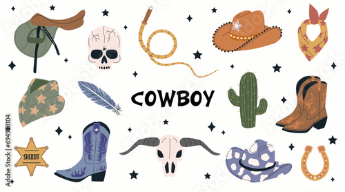 Hand drawn vector cowboy accessories and attributes. Collection of retro elements. Cowboy Western and Wild West theme. Set of cowboy hat, boots, cactus, lasso, cow skull, horseshoe, saddle, feather.