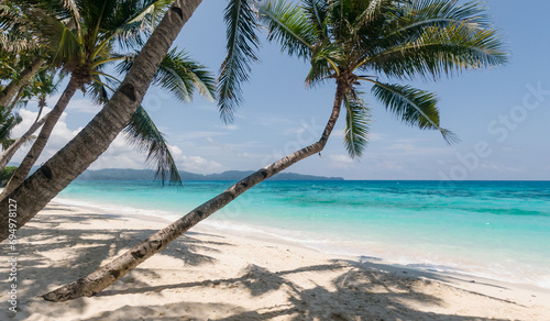 Fototapeta Naklejka Na Ścianę i Meble -  Sandy tropical beach with palm trees and blue sea against the sky. Summer and travel vacation concept. Boracay, Philippines