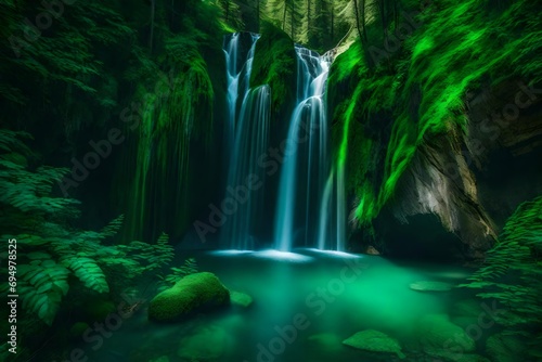 A cascading waterfall hidden deep within a lush  emerald-green canyon.