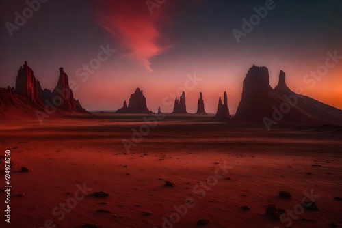 A surreal, alien landscape with bizarre rock formations and a blood-red sky. 