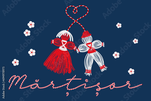 Martisor, symbol of spring. Traditional spring holiday in Romania and Moldova. March 1. Holiday card, banner, vector.