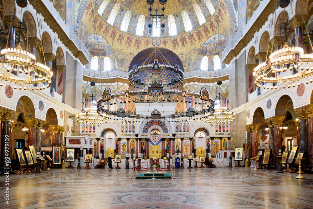 Inside of the Naval cathedral of Saint Nicholas in Kronstadt, Orthodox cathedral, Russia - obrazy, fototapety, plakaty 