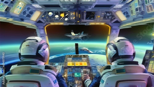 A scene depicting astronauts performing their duties inside the cockpit of a spacecraft. The curvature of Earth is visible ahead, and another spacecraft is displayed on the central monitor. The cockpi photo