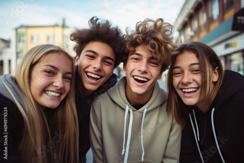 Global Bonds Cheerful Teenage Friends Capture Happy Memories, Taking Selfies While Exploring the City, Embracing Friendship and Cross-Cultural Communication. created with Generative AI