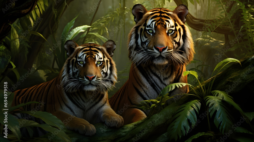 a graceful scene capturing Tigers Prowling in the Jungle, featuring elegant tigers, stealthy movements, lush jungle landscapes, and mesmerizing gazes, illustrating the grace and beauty of tigers a graceful scene capturing Tigers Prowling in the Jungle, featuring elegant tigers, stealthy movements, lush jungle landscapes, and mesmerizing gazes, illustrating the grace and beauty of tigers
