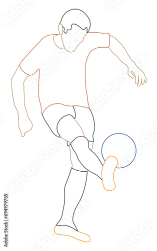 Jugador de fútbol pateando una pelota, vector en líneas. Joven haciendo jueguitos con la pelota. fondo transparente	