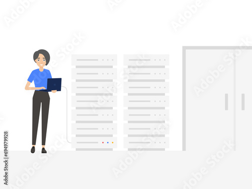 Girl debugging machine in server room