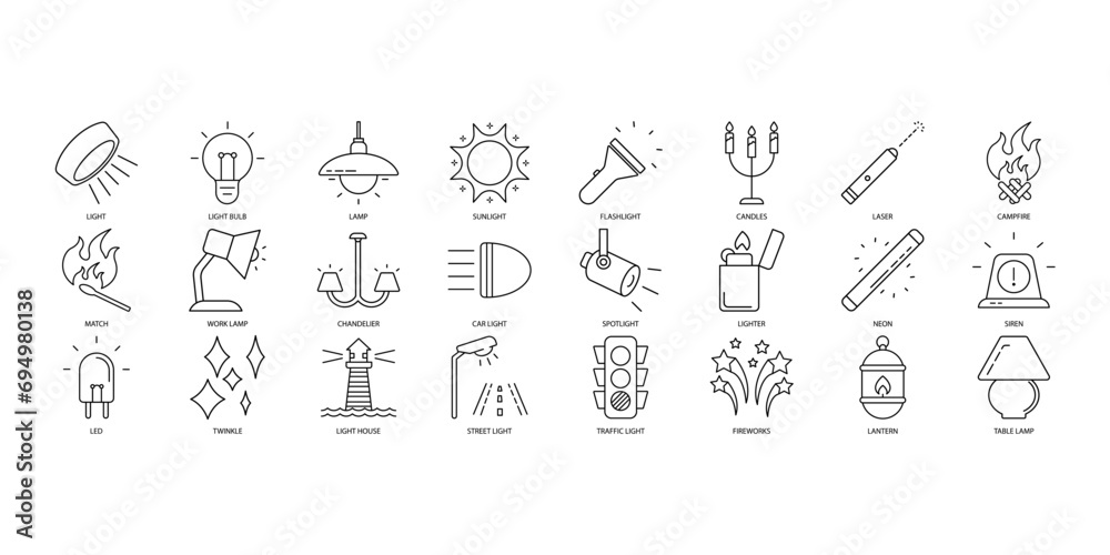 Light icons set. Set of editable stroke icons.Vector set of Light Light icons set. Set of editable stroke icons.Vector set of Light