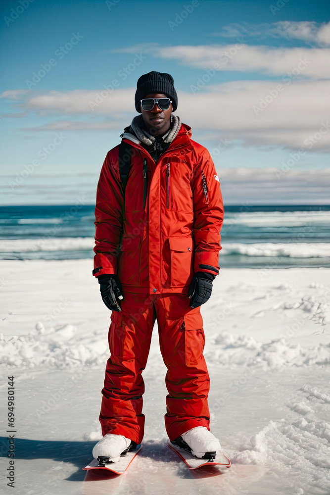 surrealist scene of a young African American man posing with a snowboard on a Caribbean beach wearing mountain clothing