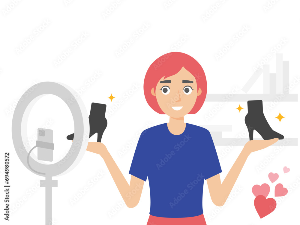 Woman is selling products live on mobile phone