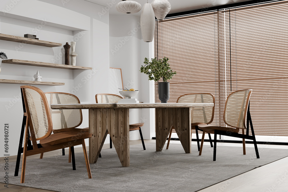 Stylish and botany interior of dining room with design craft wooden table, chairs, furniture, a lof of plants, 3d render