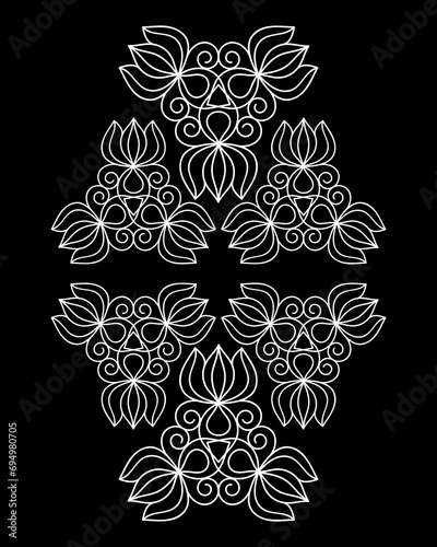 contoured white floral pattern on a black background. an intricate ornament. reflection. beautiful embroidery. template. tattoo. henna.