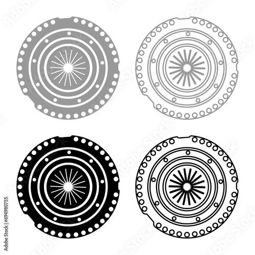Car clutch basket cover cohesion transmission auto part plate kit repair service set icon grey black color vector illustration image solid fill outline contour line thin flat style