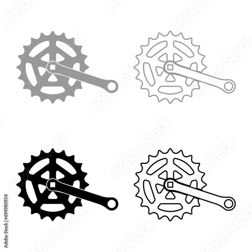 Crankset cogwheel sprocket crank length with gear for bicycle cassette system bike set icon grey black color vector illustration image solid fill outline contour line thin flat style