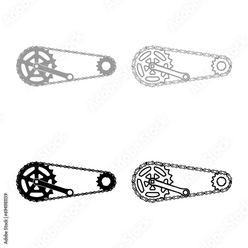 Chain bicycle link bike motorcycle two element crankset cogwheel sprocket crank length with gear for bicycle cassette system bike set icon grey black color vector illustration image solid fill 