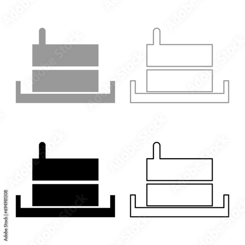 Millstone manual old stone mill flour production grinding grain with handle holder set icon grey black color vector illustration image solid fill outline contour line thin flat style