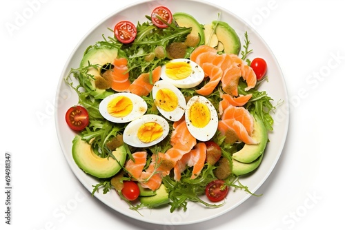 Rich plates of salad from green leaves mix and vegetables with avocado or eggs, chicken and shrimps isolated on white background