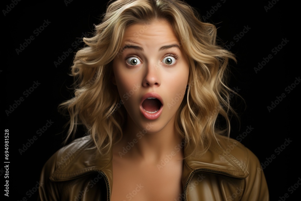 A Captivating Image of a Woman in Shock, Mouth Agape and Eyes Wide Open, Against a Single Color Backdrop A Captivating Image of a Woman in Shock, Mouth Agape and Eyes Wide Open, Against a Single Color Backdrop