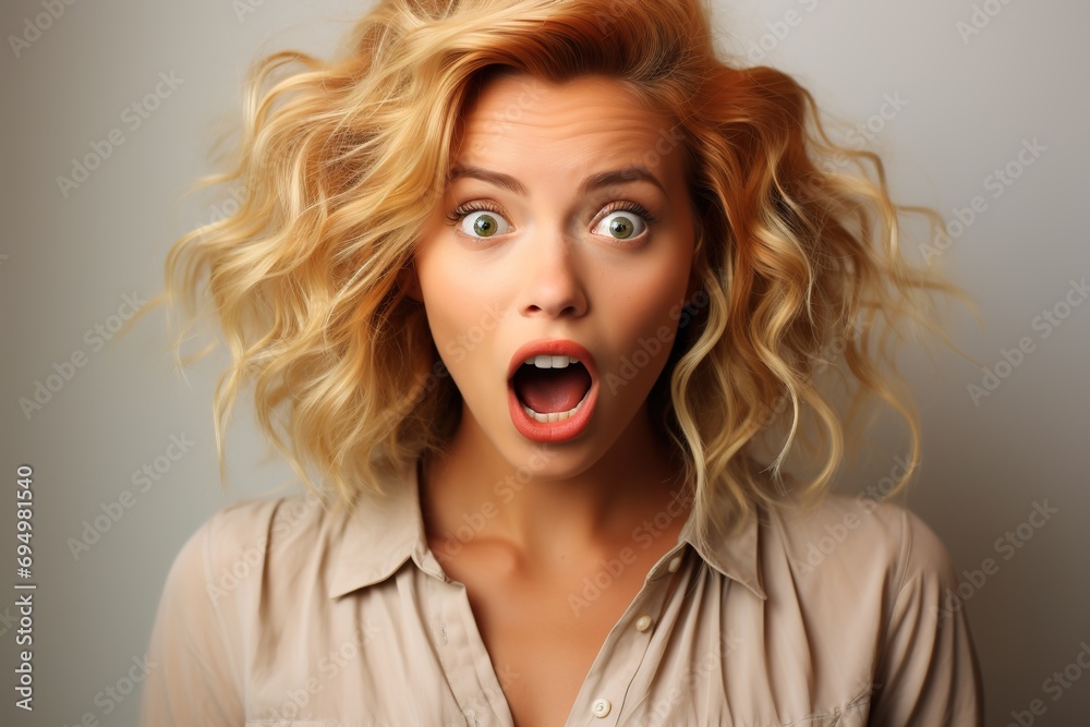 Jaw-Dropping Beauty: A Blonde Woman's Expression of Astonishment with Wide Eyes and an Open Mouth Creates a Striking Image on a Single Color Background