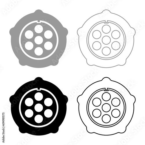 Grate for meat grinder plate mincer device for growing shallow of meat lattice with nut screw female screw pawl stop latch holder set icon grey black color vector illustration image solid fill 