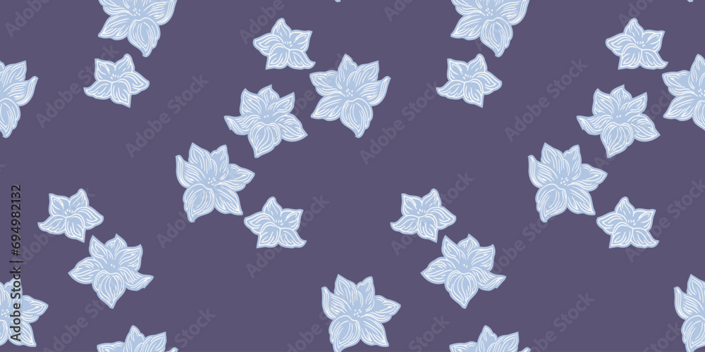 Blue seamless pattern with decorative stylized shape flowers. Vector hand drawn. Creative abstract minimalistic floral background. Design for fashion, textile, fabric, wallpaper, surface design