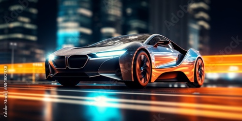 sports car driving at high speed through the city motion blur Generative AI