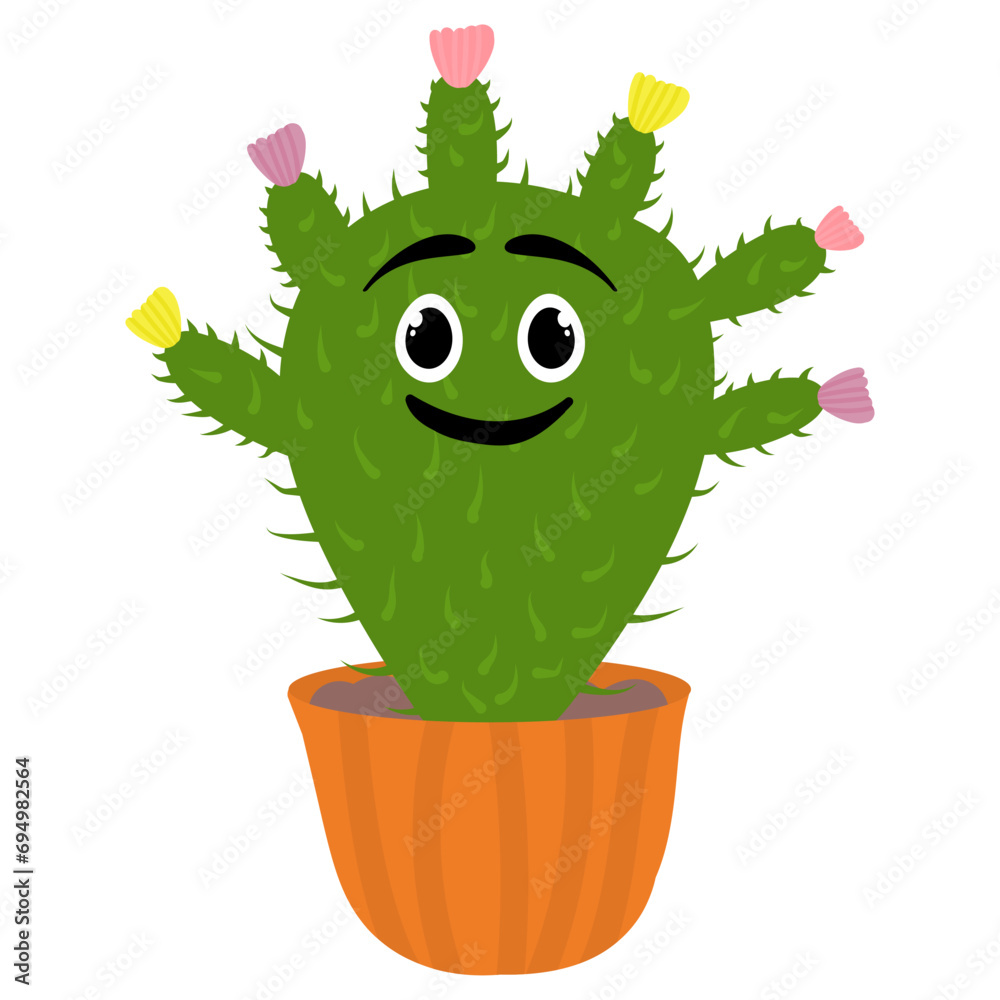 Cute little cactus in orange pot. Smiling prickly character with flowers. Home succulent with big eyes and smile. Cartoon style. Illustration for printing. Isolated on white background. Cute little cactus in orange pot. Smiling prickly character with flowers. Home succulent with big eyes and smile. Cartoon style. Illustration for printing. Isolated on white background.