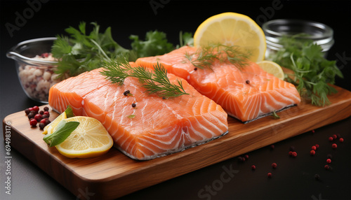 Raw salmon, lime and vegetable salad served on black plate on wooden table Fresh healthy fish food