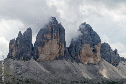 View of Tre Cime di Lavaredo mountain in the Dolomites, Italy. Very famous places for hiking and rock climbing.